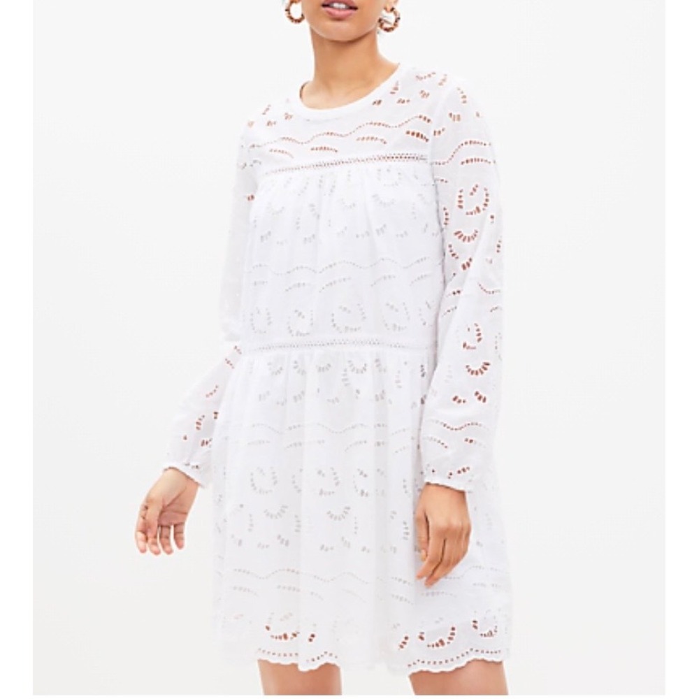 LOFT Eyelet Dress Womens Small White Long Sleeve Mini Boho Cotton Lined Romantic